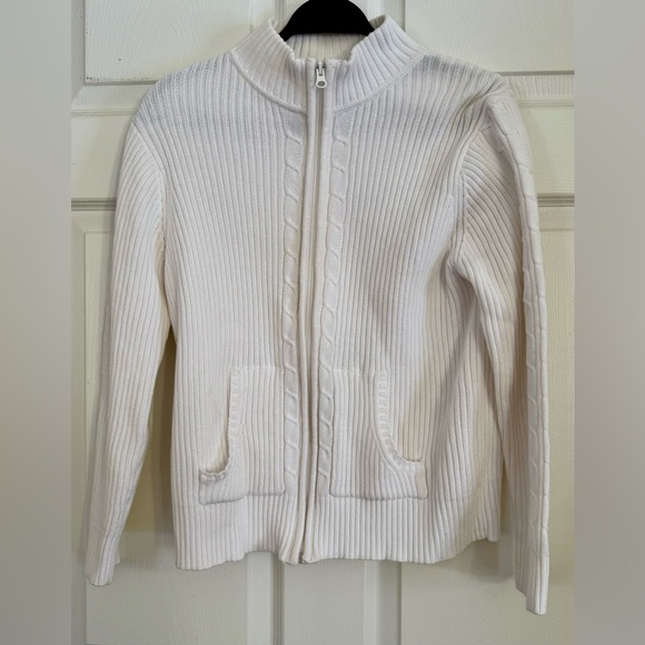 Hasting & Smith Petite Large White Zip Cable Knit Cardigan Sweater 100% Cotton - Picture 2 of 7
